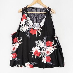 Flora by Flora Nikrooz Sleep Top 3X Knit Tank Black Floral Print Lace Back Panel